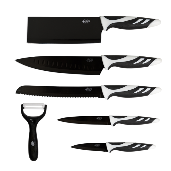 1024 Vista frontal del Set de 6 cuchillos Cecotec Swiss Chef color negro con hojas de acero inoxidable y revestimiento cerámico en su caja original