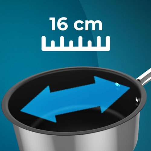 Imagen 2 Cazo Polka Classy de 16 cm y 1,3 L en acero inoxidable 18/10. Cuenta con revestimiento antiadherente, tapa de cristal y es apto para inducción y todo tipo de fuegos.