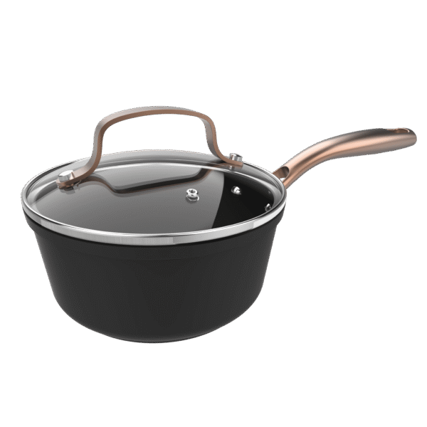 Cazo Polka Fantasy 16 Pot Golden de aluminio forjado con mango dorado y tapa de cristal sobre fondo neutro