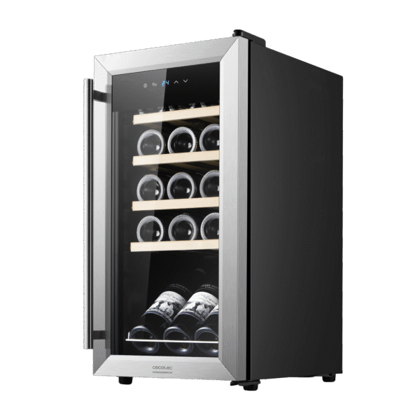 Vinoteca Bolero GrandSommelier 830 CoolCrystal de Cecotec con capacidad para 8 botellas y frontal de cristal negro.