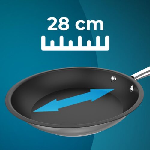 Imagen 2 Sartén de 28 cm fabricada en acero inoxidable 18/10 de alta resistencia. Cuenta con revestimiento antiadherente, mango remachado y fondo apto para inducción.