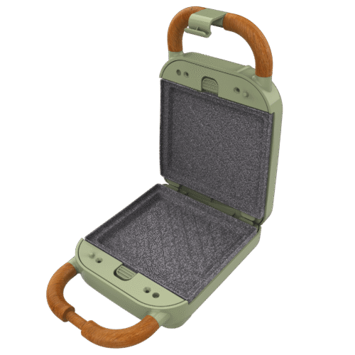 1305-Imagen-2 Imagen 2 Sandwichera Rock'nToast Retro One Green de Cecotec. Diseño vintage, 600 W y 3 placas desmontables: sándwiches, gofres y grill. Revestimiento RockStone.