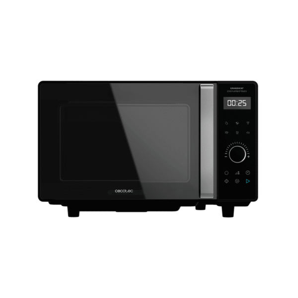 Vista frontal del microondas digital Cecotec Proclean 2500 con panel de control táctil y mando giratorio
