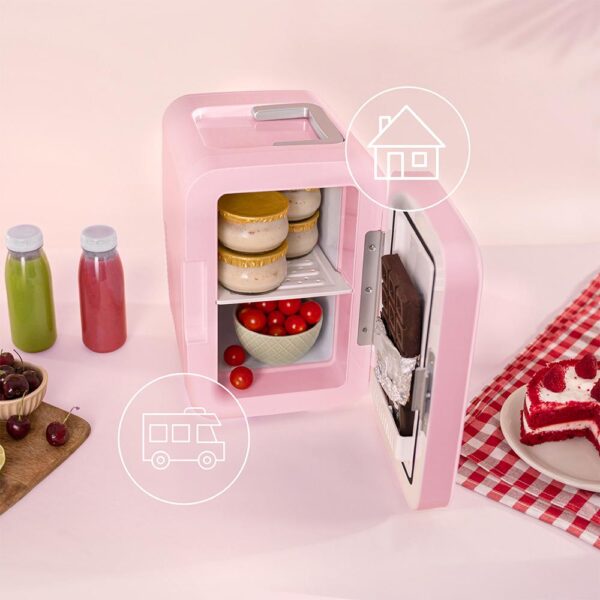 Imagen 7 El Bolero MiniCooling 6L Bahamas Pink es un frigorífico portátil de 6 litros con función frío y calor, compatible con 12V y 220V, ideal para coches y caravanas.