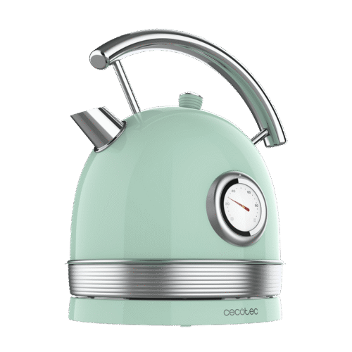 Imagen 2 Hervidor eléctrico de estilo vintage en acero inoxidable verde. 1,8L de capacidad, 2200W, medidor de temperatura y base 360º. Libre de BPA y apagado automático.