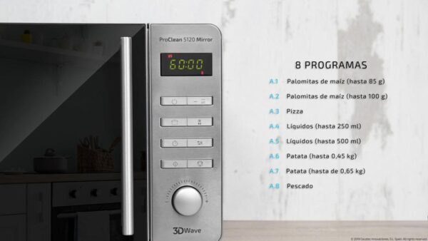 Imagen 5 Microondas Cecotec ProClean 5120 Inox de 20 L con 700 W y grill de 800 W. Incorpora revestimiento Ready2Clean, tecnología 3DWave y puerta de espejo.