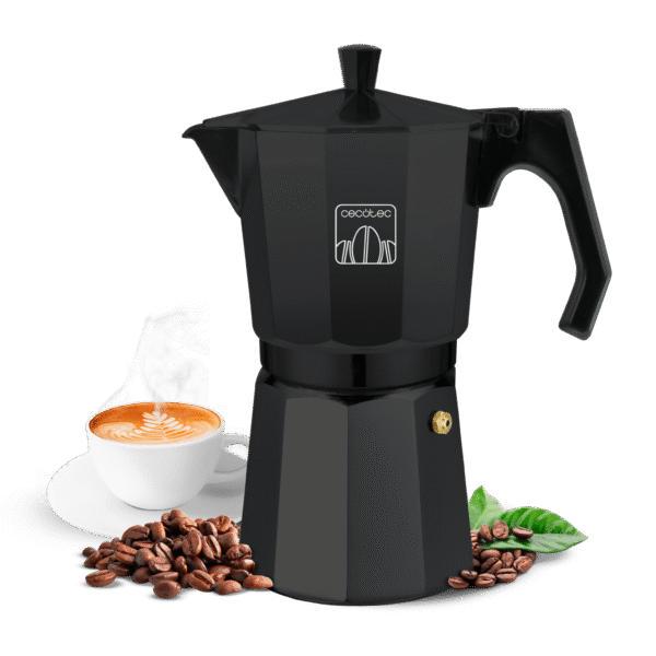 Imagen 2 Cafetera italiana Mokclassic 1200 Black de Cecotec en aluminio fundido. Capacidad para 12 tazas, diseño elegante y apta para vitrocerámica, gas y placa eléctrica.