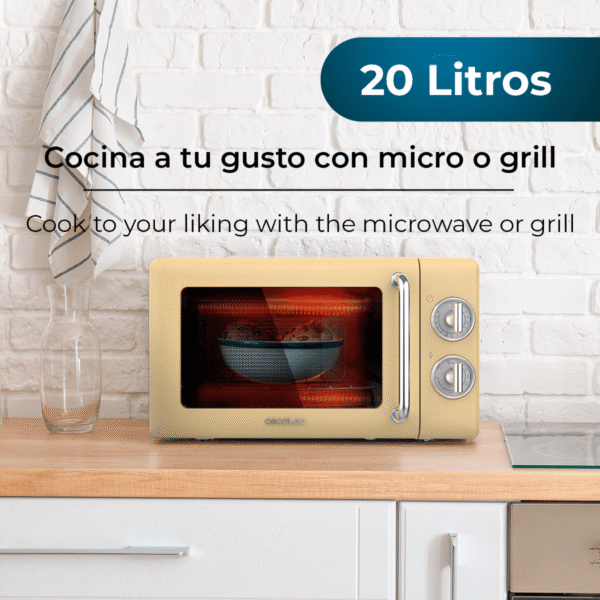 Imagen 3 Aporta un toque vintage a tu cocina con el microondas mecánico Cecotec ProClean 3110 Retro Yellow. Capacidad de 20 litros, 700 W de potencia y grill.