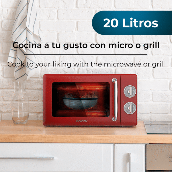 Imagen 3 Microondas mecánico Cecotec ProClean 3110 Retro Red de 20 litros y 700 W. Incluye función grill y diseño vintage rojo que aporta estilo único a tu cocina.
