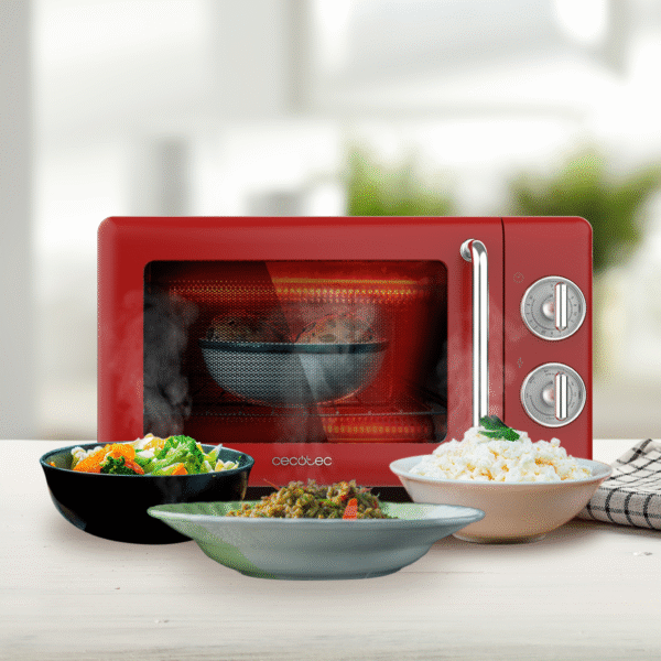 Imagen 6 Microondas mecánico Cecotec ProClean 3110 Retro Red de 20 litros y 700 W. Incluye función grill y diseño vintage rojo que aporta estilo único a tu cocina.