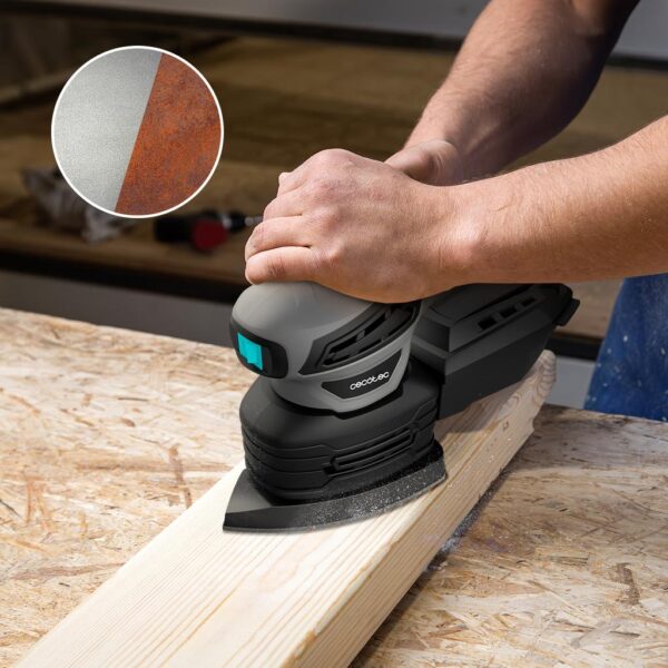 Imagen 3 Lijadora orbital PerfectSurface 180 Delta de Cecotec con 180 W de potencia. Su diseño triangular permite un lijado preciso en esquinas y bordes difíciles.