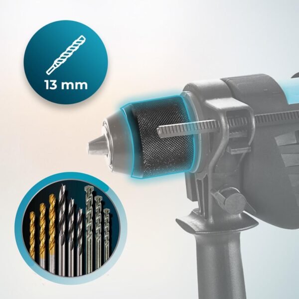 181-Imagen-4 Imagen 4 Taladro percutor PowerDrill 850 Keyless de Cecotec con 850 W, 4800 rpm y portabrocas de 13 mm. Incluye maletín y 9 brocas para perforar madera, metal y pared.