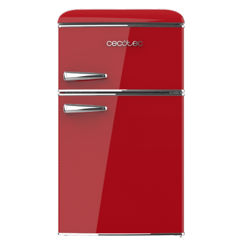 Imagen 2 Mini frigorífico retro de dos puertas Bolero CoolMarket 2D Origin 86 Red E con 86L de capacidad, eficiencia energética clase E, luz LED y tirador cromado.