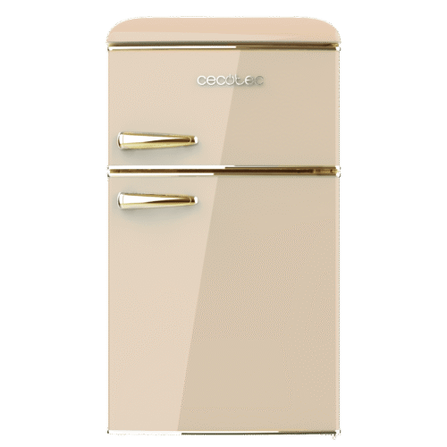 Imagen 2 Mini frigorífico retro beige de dos puertas con 86 litros de capacidad y eficiencia energética clase E. Diseño vintage con detalles en acabado cromado dorado.