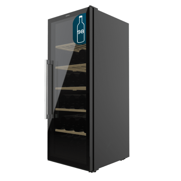 Vinoteca Bolero GrandSommelier 830 CoolCrystal de Cecotec con capacidad para 8 botellas y frontal de cristal negro.