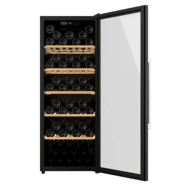 Imagen 2 Vinoteca Bolero GrandSommelier 98000 Black de Cecotec para 98 botellas. Sistema de compresor silencioso, estantes de madera y control táctil. 128,5 cm de alto.