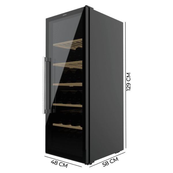 Imagen 3 Vinoteca Bolero GrandSommelier 98000 Black de Cecotec para 98 botellas. Sistema de compresor silencioso, estantes de madera y control táctil. 128,5 cm de alto.