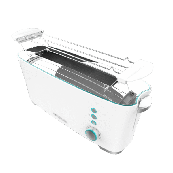 Imagen 2 Tostadora de ranura larga y 1000 W con capacidad para dos tostadas. Cuenta con soporte para panecillos, 7 niveles de potencia y función descongelar.