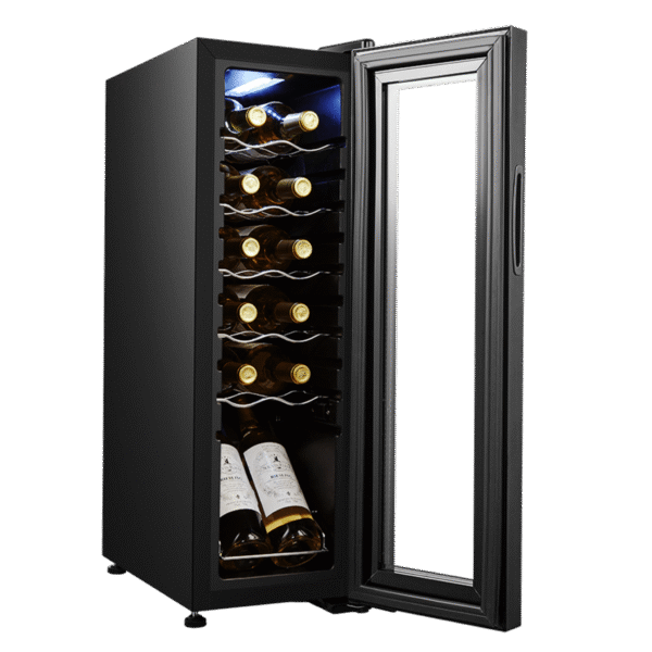 Imagen 2 Vinoteca de compresor para 12 botellas con diseño compacto. Ajuste de 8-18ºC, estantes de madera y display táctil. Ideal para conservar vinos en espacios reducidos.