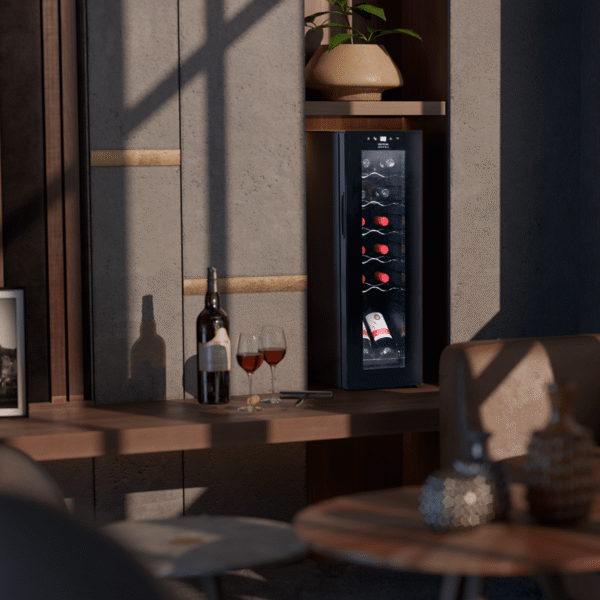 Imagen 4 Vinoteca de compresor para 12 botellas con diseño compacto. Ajuste de 8-18ºC, estantes de madera y display táctil. Ideal para conservar vinos en espacios reducidos.