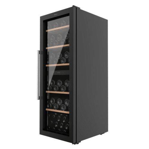 Vinoteca Bolero GrandSommelier 830 CoolCrystal de Cecotec con capacidad para 8 botellas y frontal de cristal negro.