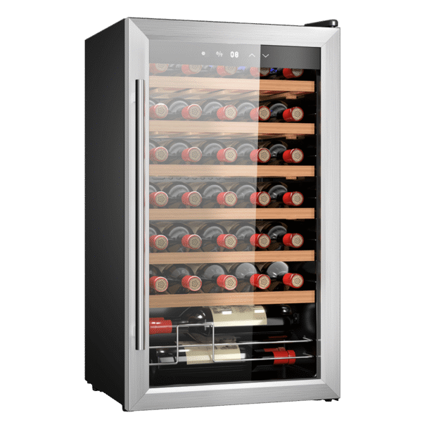 Vinoteca Bolero GrandSommelier 830 CoolCrystal de Cecotec con capacidad para 8 botellas y frontal de cristal negro.