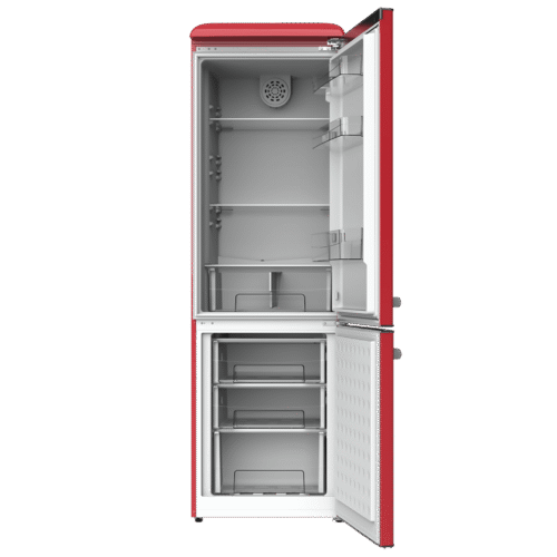 Imagen 2 Frigorífico combi retro Bolero CoolMarket Origin 300 Red E de 300L y clase E. Diseño vintage en rojo con tirador cromado y luz LED interior para tu cocina.