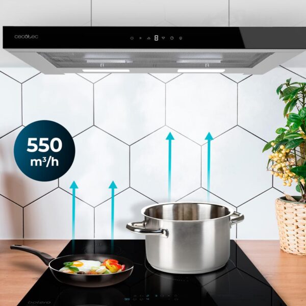 Imagen 7 Campana telescópica Cecotec Bolero Flux TLT 605500 Glass Black de 60 cm. Potencia de 550 m3/h, eficiencia A++, motor de 75W y control gestual Hand Movement.