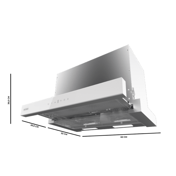 Imagen 3 Campana extractora telescópica Bolero Flux TLT 605500 Glass White A++. 550 m³/h de succión, motor 75W, control gestual y acabado en vidrio blanco elegante.