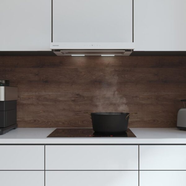 Imagen 6 Campana extractora telescópica Bolero Flux TLT 605500 Glass White A++. 550 m³/h de succión, motor 75W, control gestual y acabado en vidrio blanco elegante.