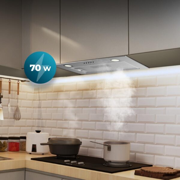 Imagen 8 Campana integral Cecotec de 52 cm con 350 m3/h de succión, motor de 70 W y acabado inox. Eficiencia clase B y filtros de carbono para una cocina sin humos.
