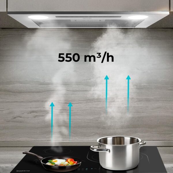 2866-Imagen-7 Imagen 7 Campana integral Bolero Flux IT 525500 Inox A++ de 52 cm. Potencia de 550 m3/h, motor de 75W, control táctil y eficiencia energética A++ para una cocina limpia.