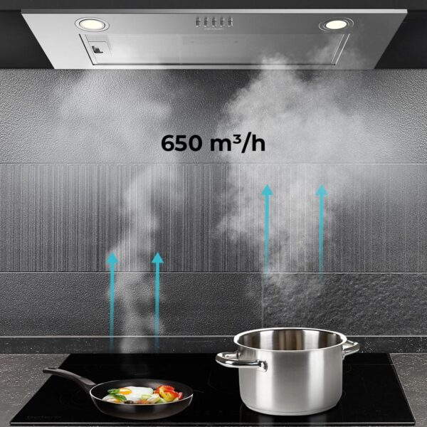 Imagen 7 Campana integral Bolero Flux IM 756500 Inox A de 75 cm con 650 m³/h de succión, eficiencia energética A, 3 niveles de potencia y acabado en acero inoxidable.