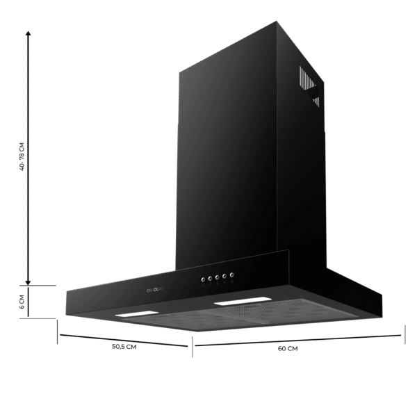 2879-Imagen-2 Imagen 2 Campana decorativa Cecotec Bolero Flux TM 606500 Black A de 60 cm. Succión de 650 m³/h, eficiencia energética clase A, motor de 165W y acabado en color negro.