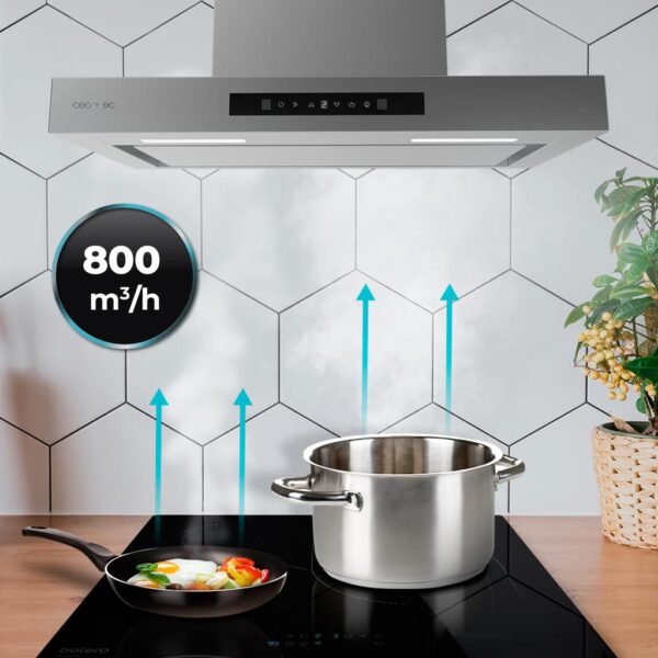 Imagen 8 Campana extractora de 60cm Bolero Flux TT 608000 con 800 m³/h, eficiencia A++, motor de 220W, control gestual, sensor de humo y acabado en cristal negro e inox.