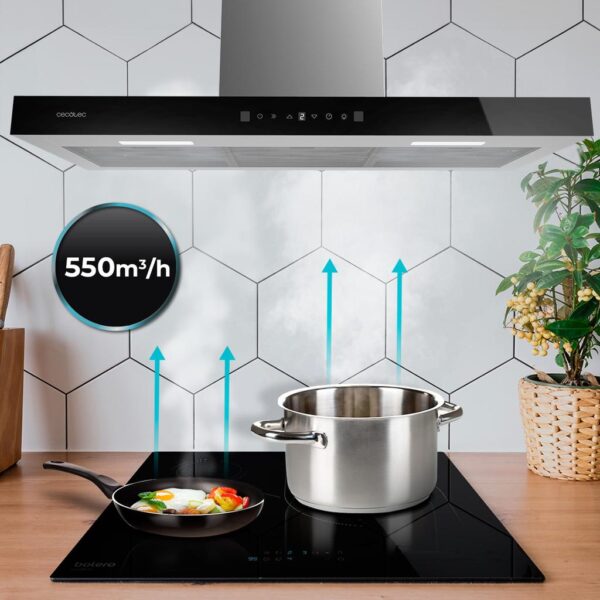 Imagen 8 Campana extractora de 90 cm Bolero Flux TT 905500. Succión 550 m3/h, eficiencia A++, control gestual y sensor de humos. Elegante acabado en vidrio negro.