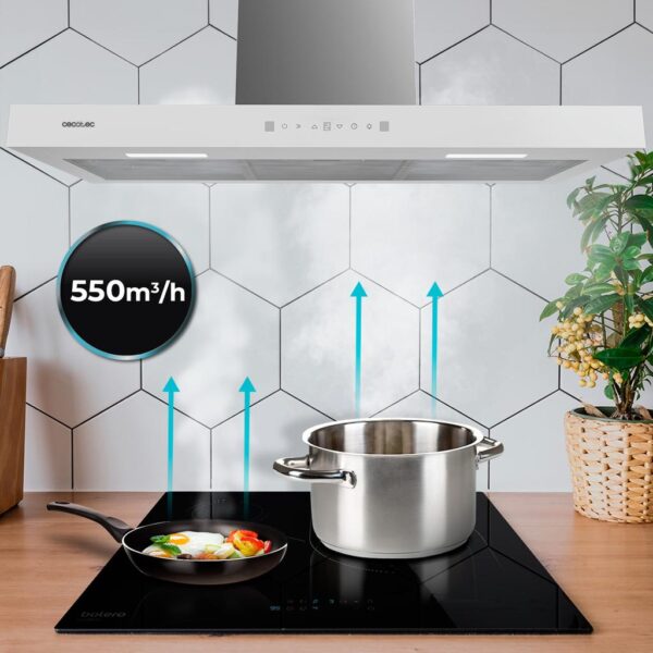 Imagen 8 Campana T Bolero Flux TT 905500 Glass White de 90 cm con succión de 550 m3/h, motor de 70W, eficiencia A++, sensor de humo y control por gestos en cristal blanco.