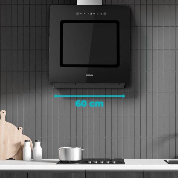 2894-Imagen-5 Imagen 5 Campana decorativa Cecotec de 60 cm con 800 m3/h de succión, eficiencia A++, control gestual y sensor de humo. Diseño en cristal negro para cocinas modernas.