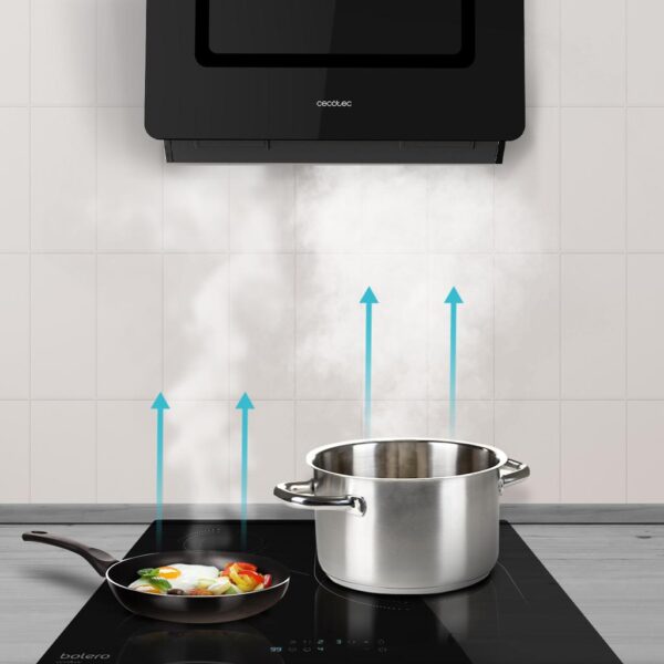 2894-Imagen-7 Imagen 7 Campana decorativa Cecotec de 60 cm con 800 m3/h de succión, eficiencia A++, control gestual y sensor de humo. Diseño en cristal negro para cocinas modernas.