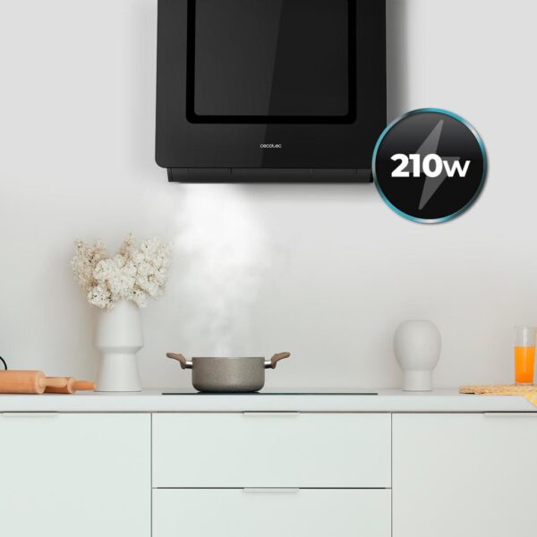 2894-Imagen-8 Imagen 8 Campana decorativa Cecotec de 60 cm con 800 m3/h de succión, eficiencia A++, control gestual y sensor de humo. Diseño en cristal negro para cocinas modernas.