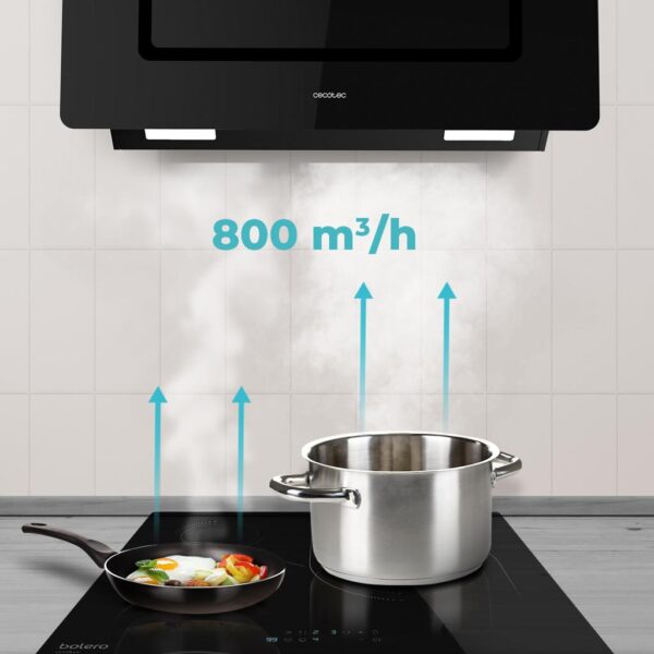 Imagen 7 Campana decorativa Bolero Flux DT 908002 de 90 cm con succión de 800 m³/h y eficiencia A++. Incluye Hand Movement Control, sensor de humos y acabado cristal negro.