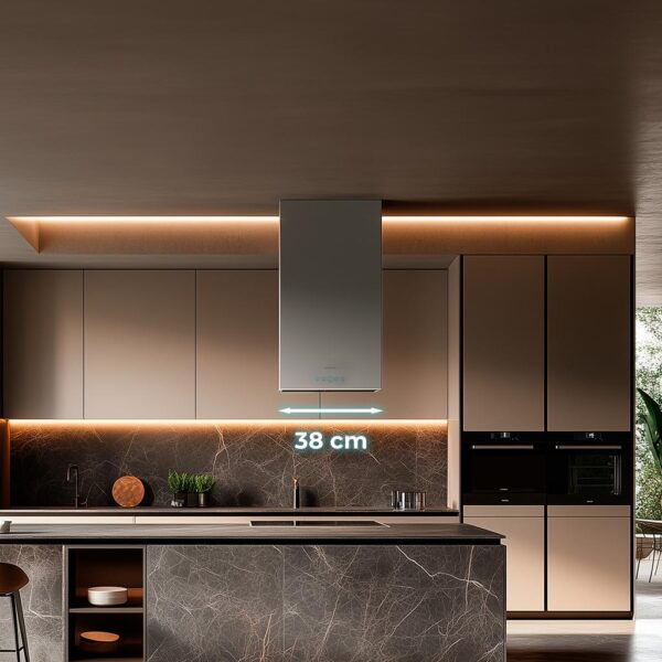 Imagen 5 Campana de isla Bolero Flux ICT 388000 Inox A++ de 38 cm. Potencia de 800 m3/h, motor de 220W, 3 niveles, sensor de humo y filtros de carbono incluidos.