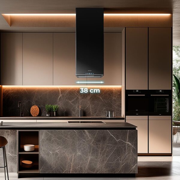 Imagen 5 Campana de isla Bolero Flux ICT 388000 Black con 800 m3/h de succión, eficiencia A++, motor de 220W y sensor de humos. Diseño elegante en color negro de 38 cm.