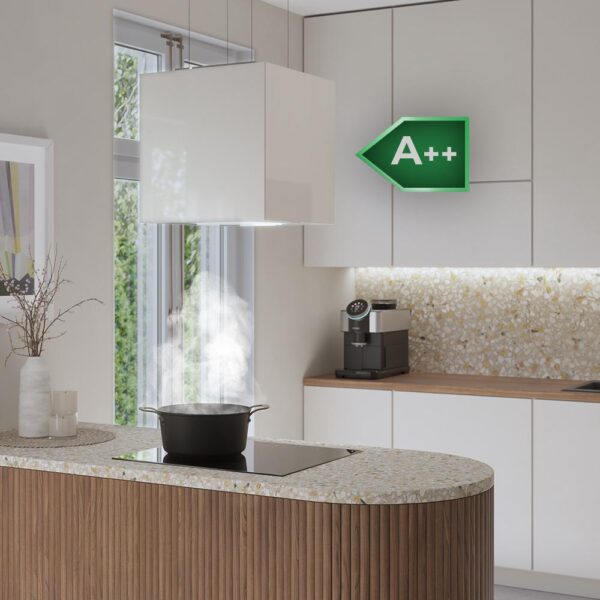 Imagen 5 Campana colgante Bolero Flux CCT 448000 Glass White A++. 800 m3/h de succión, control gestual, sensor de humo y diseño en vidrio blanco de 44 cm de ancho.