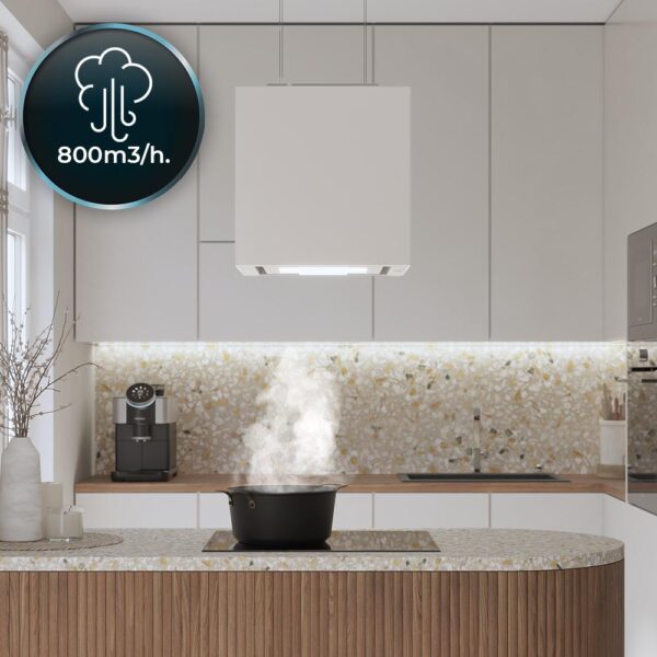 Imagen 6 Campana colgante Bolero Flux CCT 448000 Glass White A++. 800 m3/h de succión, control gestual, sensor de humo y diseño en vidrio blanco de 44 cm de ancho.