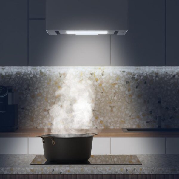 Imagen 8 Campana colgante Bolero Flux CCT 448000 Glass White A++. 800 m3/h de succión, control gestual, sensor de humo y diseño en vidrio blanco de 44 cm de ancho.