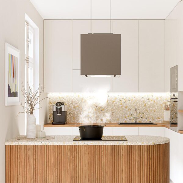 Imagen 6 Campana colgante de 44 cm con succión de 800 m3/h, eficiencia A++, control gestual y sensor de humos. Acabado en vidrio gris elegante y motor de 220W.