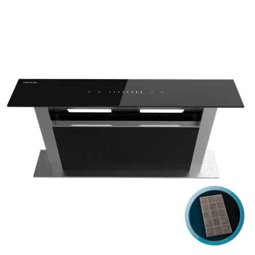 Imagen 2 Campana de encimera Bolero Flux ET 608000 Glass Black A++ de 60 cm. Potente succión de 800 m³/h, motor de 220W, slider control y filtros de carbono incluidos.