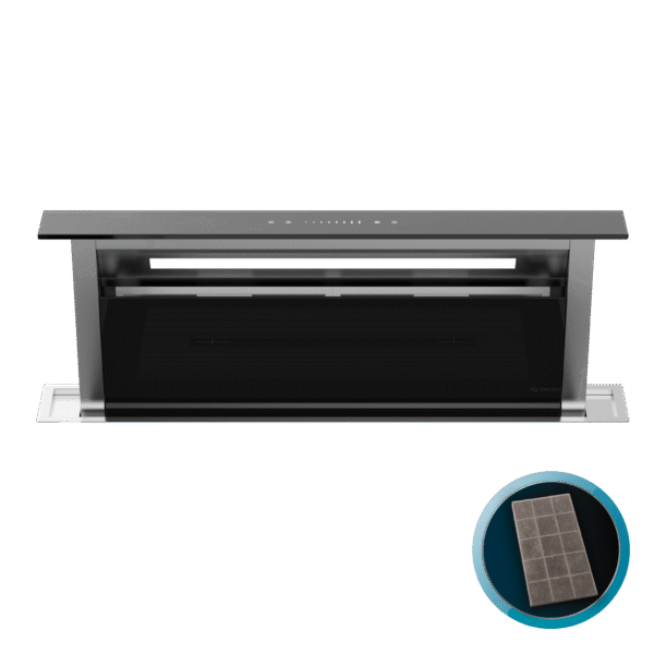 Imagen 2 Campana de encimera Bolero Flux ET 908000 Glass Black con 800 m3/h de succión. Eficiencia A++, motor de 220W, 3 niveles de potencia, booster y filtro de carbono.