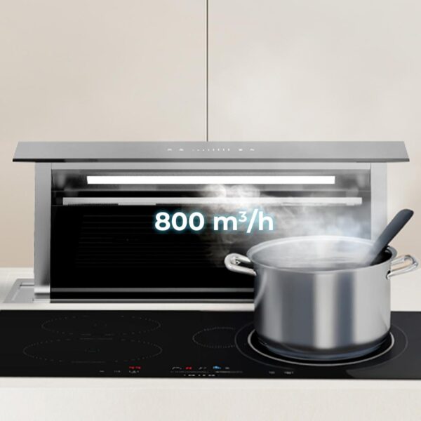 Imagen 8 Campana de encimera Bolero Flux ET 908000 Glass Black con 800 m3/h de succión. Eficiencia A++, motor de 220W, 3 niveles de potencia, booster y filtro de carbono.